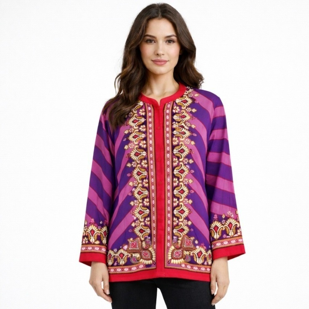 QVC Bold Paisley Stripe Button Front Tunic Top Purple Pink Red‎ NWOT